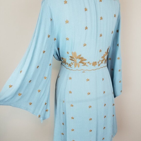 Paparazzi Blue Green Gauzy Dress with Gold Floral Embroidery Women's Size Medium - Picture 6 of 11